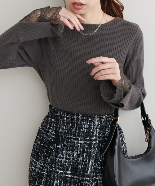 natural couture（ナチュラルクチュール）の「前後２WAY袖口レースリブニット（ニット/セーター・レディース・チャコールグレー/ブラック/スミクロ/ミント/ベージュ/ピンク/オフホワイト・FREE）」の13枚目の写真