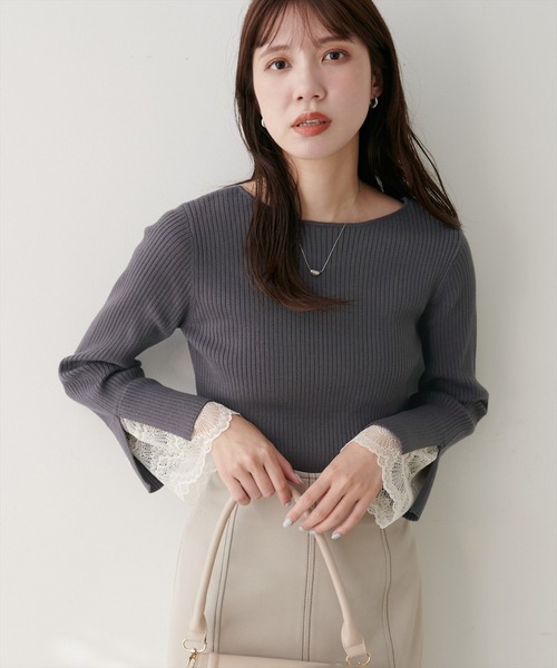 natural couture（ナチュラルクチュール）の「前後２WAY袖口レースリブニット（ニット/セーター・レディース・チャコールグレー/ブラック/スミクロ/ミント/ベージュ/ピンク/オフホワイト・FREE）」の8枚目の写真