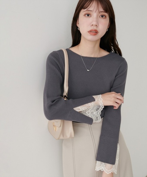 natural couture（ナチュラルクチュール）の「前後２WAY袖口レースリブニット（ニット/セーター・レディース・チャコールグレー/ブラック/スミクロ/ミント/ベージュ/ピンク/オフホワイト・FREE）」の9枚目の写真