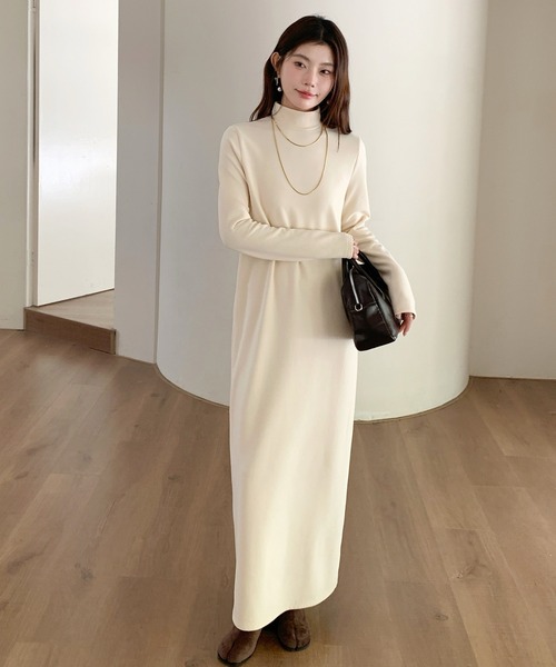 セール】【選べる着丈】裏起毛 タートルネックマキシワンピース