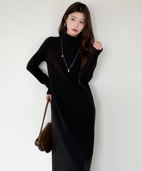 スペッチオ／定価1.6万円 スリット入りロングワンピース タートルネックブラック セール】【選べる着丈】裏起毛 タートルネックマキシワンピース