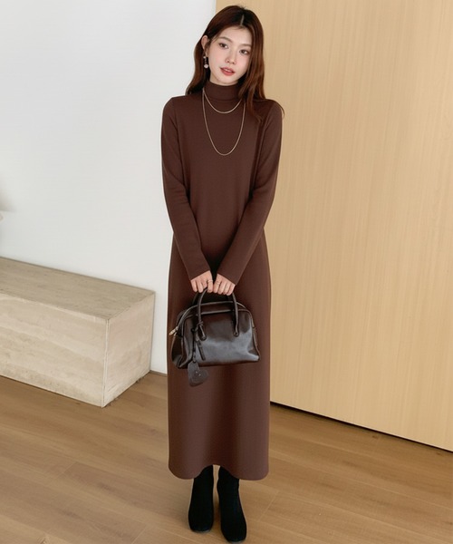 セール】【選べる着丈】裏起毛 タートルネックマキシワンピース