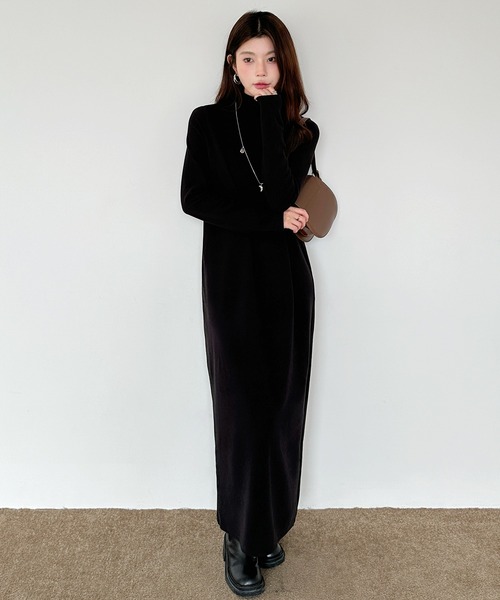 セール】【選べる着丈】裏起毛 タートルネックマキシワンピース