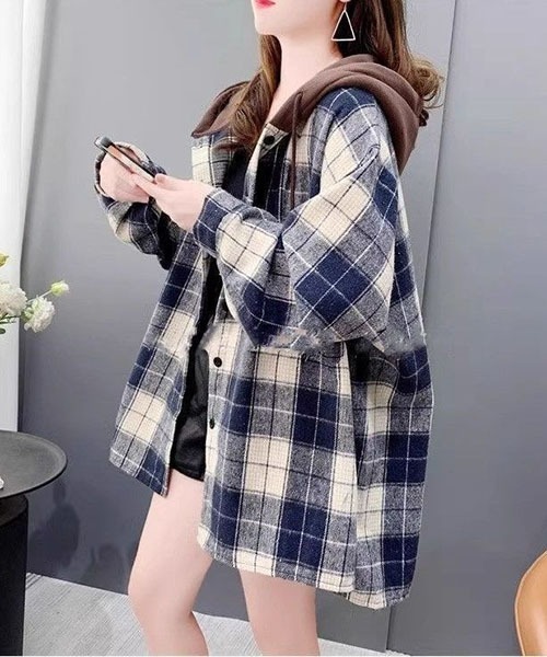 gossip!ロサンゼルス(ゴシップロサンゼルス)の「Y2Kオーバーサイズ フーディチェックシャツ(シャツ/ブラウス・レディース・ブラウン/ネイビー・M/L)」の9枚目の写真