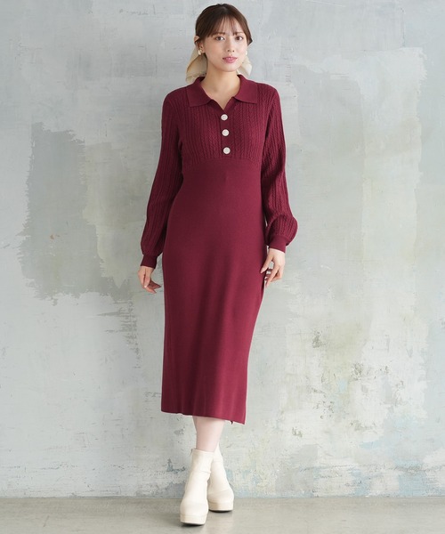 ASTORIA ODIER(アストリアオディール)の「ケーブル切替ポロニットワンピース(ワンピース・レディース・ブラック/ワイン/グレイッシュブルー/ホワイト・MEDIUM/LARGE)」の1枚目の写真