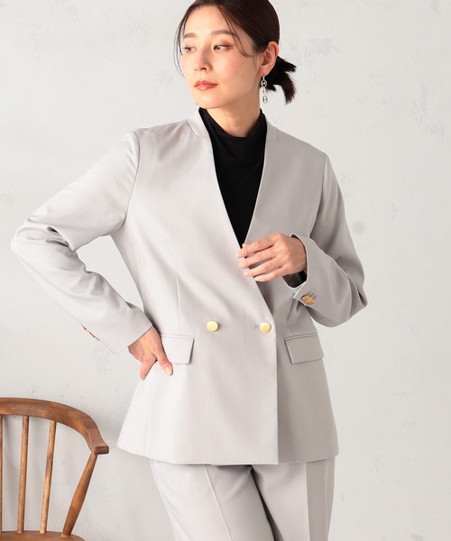 GALLORIA(ギャローリア)の「【セットアップで着られる】キレメクノーカラージャケット(ノーカラージャケット・レディース・ライトグレー/ネイビー・L/LL/M/S)」の2枚目の写真