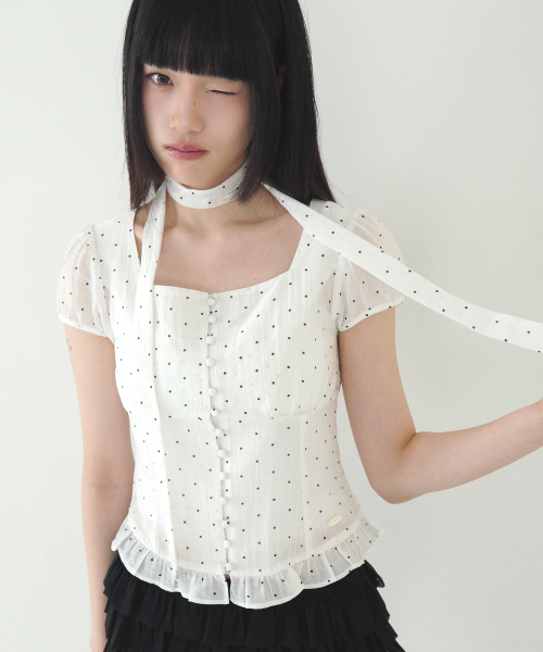 ILLIGO（イリゴ）の「リボンタイスクエアネックブラウスホワイトドット（シャツ/ブラウス・レディース・その他・S/M）」の4枚目の写真