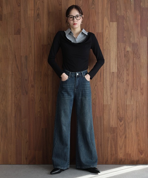 J by blue(ジェイバイブルー)の「ウェーブラインフレアデニムパンツ(デニムパンツ・レディース・ブルー/ネイビー・LARGE/MEDIUM)」の16枚目の写真