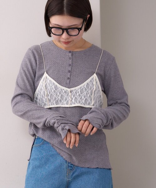 WILLOW(ウィロー)の「【willow】レースブラキャミ付きハニカムトップス(Tシャツ/カットソー・レディース・グレー/イエロー・ONE SIZE)」の2枚目の写真