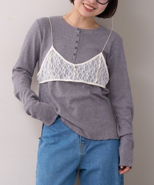 WILLOW(ウィロー)の「【willow】レースブラキャミ付きハニカムトップス(Tシャツ/カットソー・レディース・グレー/イエロー・ONE SIZE)」の4枚目の写真