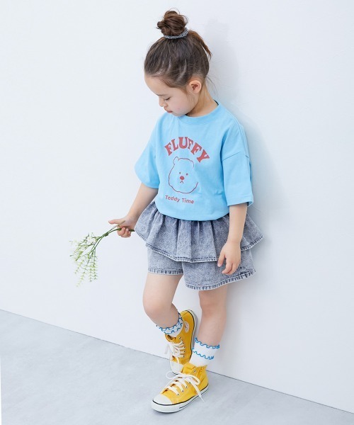 devirock（デビロック）の「ふわっとティアード ライトオンスデニム スカパン（デニムパンツ・キッズ・ネイビー系/ブルー系・150cm/160cm/110cm/100cm/120cm/130cm/140cm）」の3枚目の写真