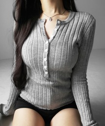 【 2color 】スリムフィットヘンリーネックリブトップス / slim fit henley neck ribbed tops