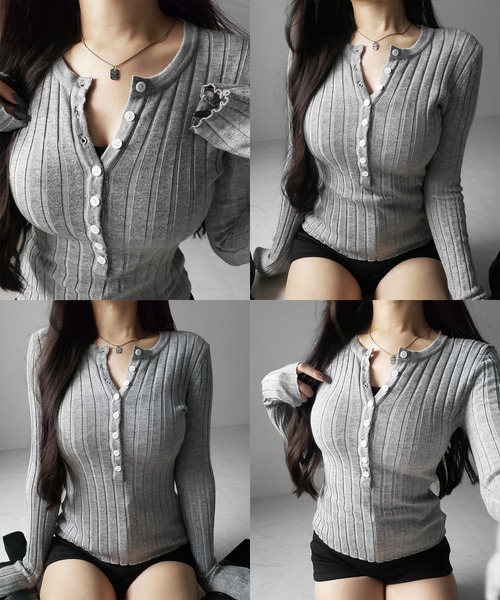 me+em select(ミームセレクト)の「【 2color 】スリムフィットヘンリーネックリブトップス / slim fit henley neck ribbed tops(その他トップス・レディース・ブラック/グレー・FREE)」の9枚目の写真