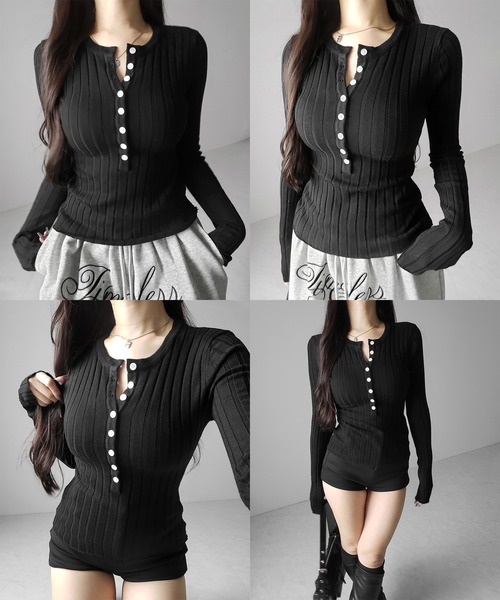 me+em select(ミームセレクト)の「【 2color 】スリムフィットヘンリーネックリブトップス / slim fit henley neck ribbed tops(その他トップス・レディース・ブラック/グレー・FREE)」の8枚目の写真