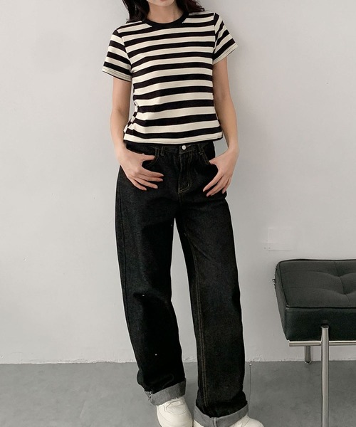 LOWO（ロワ）の「ボーダークルーネック半袖Tシャツ（Tシャツ/カットソー・レディース・グレー/ベージュ・FREE）」の4枚目の写真