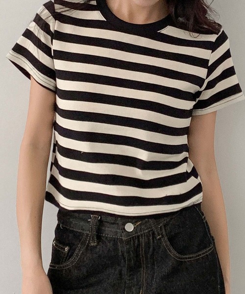 LOWO（ロワ）の「ボーダークルーネック半袖Tシャツ（Tシャツ/カットソー・レディース・グレー/ベージュ・FREE）」の5枚目の写真