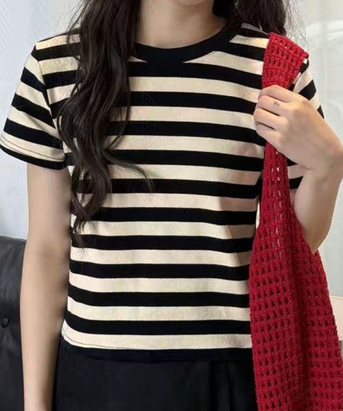 LOWO（ロワ）の「ボーダークルーネック半袖Tシャツ（Tシャツ/カットソー・レディース・グレー/ベージュ・FREE）」の7枚目の写真
