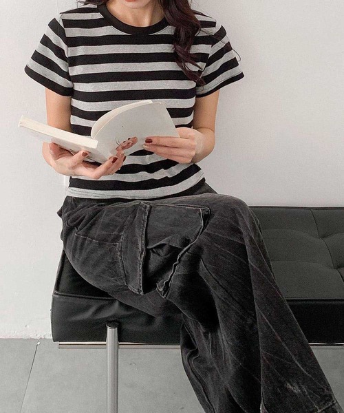 LOWO（ロワ）の「ボーダークルーネック半袖Tシャツ（Tシャツ/カットソー・レディース・グレー/ベージュ・FREE）」の12枚目の写真