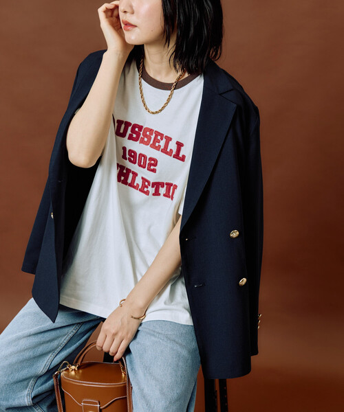 FREAK'S STORE(フリークスストア)の「限定展開 RUSSELL ATHLETIC × FREAK'S STORE/ラッセルアスレチック 別注 チェーン ステッチ リンガー 半袖 Tシャツ(Tシャツ/カットソー・レディース・オフホワイト/サックスブルー/ブラック/ライトグレー/ネイビー・フリ-)」の2枚目の写真