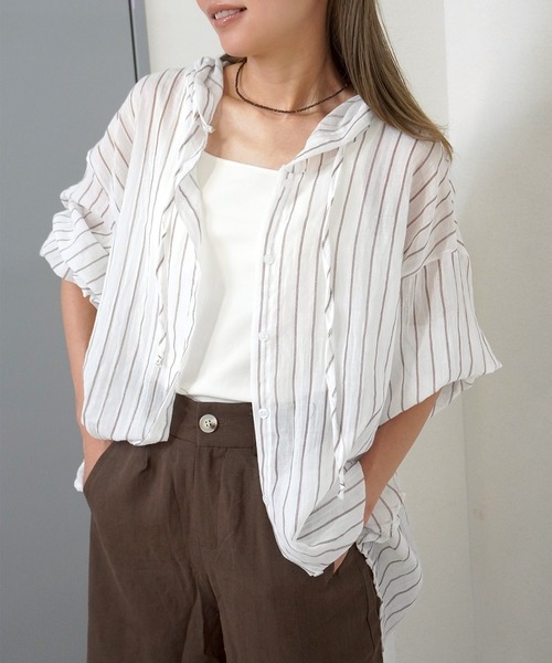 gossara(ゴサラ)の「【羽織るだけで決まる】シアーワッシャーストライプシャツ(シャツ/ブラウス・レディース・ブラウン/アイボリー・FREE)」の1枚目の写真