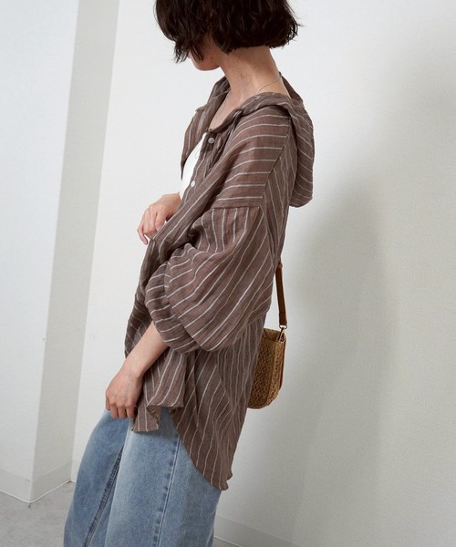 gossara(ゴサラ)の「【羽織るだけで決まる】シアーワッシャーストライプシャツ(シャツ/ブラウス・レディース・ブラウン/アイボリー・FREE)」の9枚目の写真