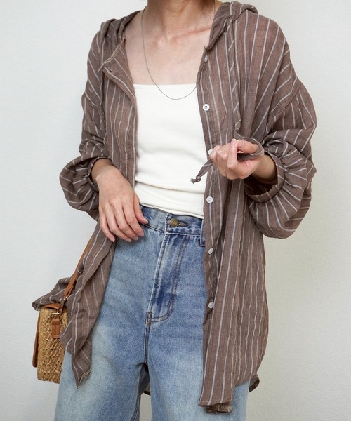 gossara(ゴサラ)の「【羽織るだけで決まる】シアーワッシャーストライプシャツ(シャツ/ブラウス・レディース・ブラウン/アイボリー・FREE)」の11枚目の写真