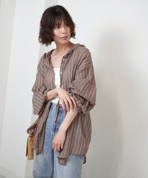 gossara(ゴサラ)の「【羽織るだけで決まる】シアーワッシャーストライプシャツ(シャツ/ブラウス・レディース・ブラウン/アイボリー・FREE)」の10枚目の写真