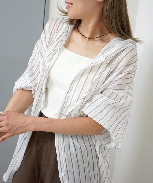 gossara(ゴサラ)の「【羽織るだけで決まる】シアーワッシャーストライプシャツ(シャツ/ブラウス・レディース・ブラウン/アイボリー・FREE)」の14枚目の写真