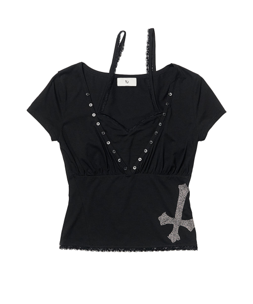 SCHISM INDUCING(スキズムインデューシング)の「HALTER LAYERED HENLEY NECK T SHIRT BLACK(Tシャツ/カットソー・レディース・その他・FREE)」の2枚目の写真