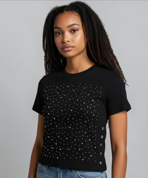 BORN SLIPPY(ボーンスリッピー)の「Galaxy Stud Snap Top (Black)(Tシャツ/カットソー・レディース・その他・FREE)」の3枚目の写真