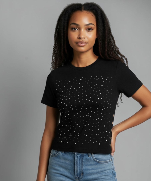 BORN SLIPPY(ボーンスリッピー)の「Galaxy Stud Snap Top (Black)(Tシャツ/カットソー・レディース・その他・FREE)」の4枚目の写真