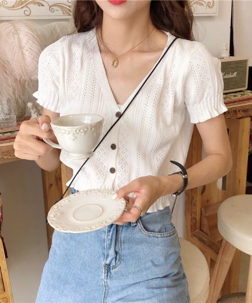NANEA（ナネア）の「透かし編みVネック半袖ニットトップス/カーディガン（カーディガン/ボレロ・レディース・ブラック/ホワイト・フリー）」の7枚目の写真
