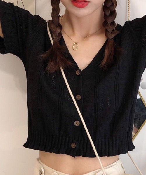 NANEA（ナネア）の「透かし編みVネック半袖ニットトップス/カーディガン（カーディガン/ボレロ・レディース・ブラック/ホワイト・フリー）」の12枚目の写真