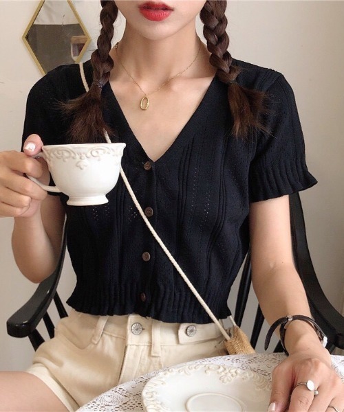 NANEA（ナネア）の「透かし編みVネック半袖ニットトップス/カーディガン（カーディガン/ボレロ・レディース・ブラック/ホワイト・フリー）」の16枚目の写真