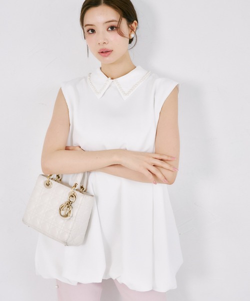 tocco closet（トッコ　クローゼット）の「【ZOZO限定】襟パール装飾ノースリーブチュニックブラウス（シャツ/ブラウス・レディース・オフホワイト/ブラック・M）」の7枚目の写真