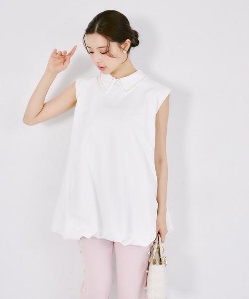 tocco closet（トッコ　クローゼット）の「【ZOZO限定】襟パール装飾ノースリーブチュニックブラウス（シャツ/ブラウス・レディース・オフホワイト/ブラック・M）」の5枚目の写真