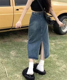 バックスリットロングデニムスカート ウエストボタンサイズ調整可