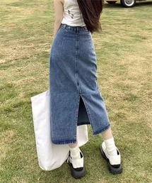 バックスリットロングデニムスカート　ウエストボタンサイズ調整可