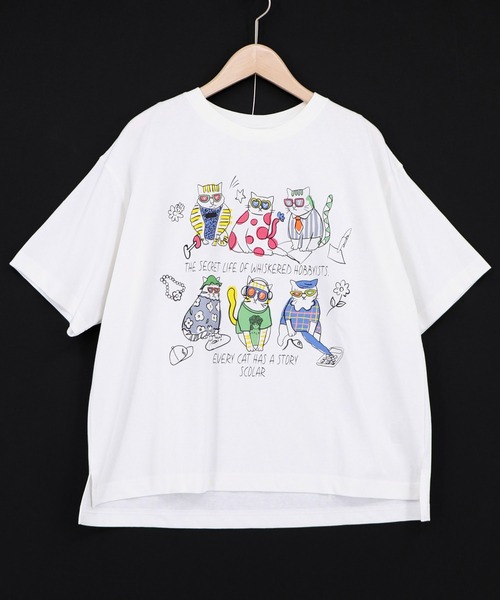 ScoLar（スカラー）の「162750：おしゃれネコ柄 接触冷感Tシャツ（Tシャツ/カットソー・レディース・ブラウン/パープル/ブラック/オフホワイト・M）」の20枚目の写真