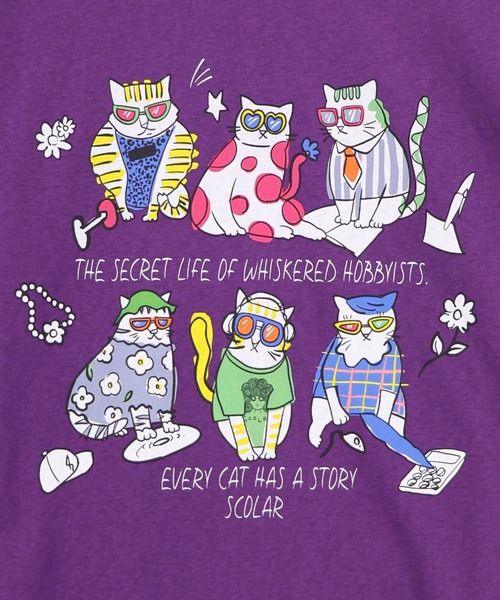ScoLar（スカラー）の「162750：おしゃれネコ柄 接触冷感Tシャツ（Tシャツ/カットソー・レディース・ブラウン/パープル/ブラック/オフホワイト・M）」の5枚目の写真
