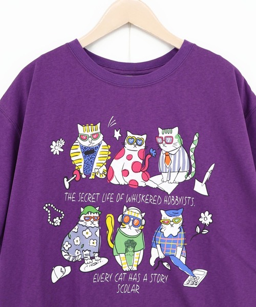 ScoLar（スカラー）の「162750：おしゃれネコ柄 接触冷感Tシャツ（Tシャツ/カットソー・レディース・ブラウン/パープル/ブラック/オフホワイト・M）」の6枚目の写真