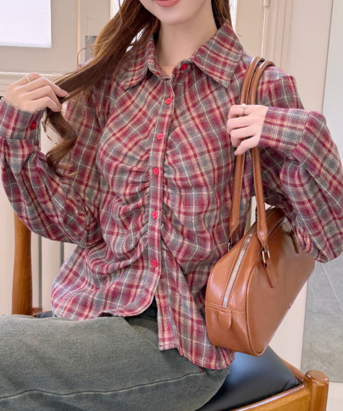 Ada.（エイダ）の「チェック柄 シャーリング ロングスリーブ シャツ（シャツ/ブラウス・レディース・ネイビー/レッド/ブラック・FREE）」の11枚目の写真