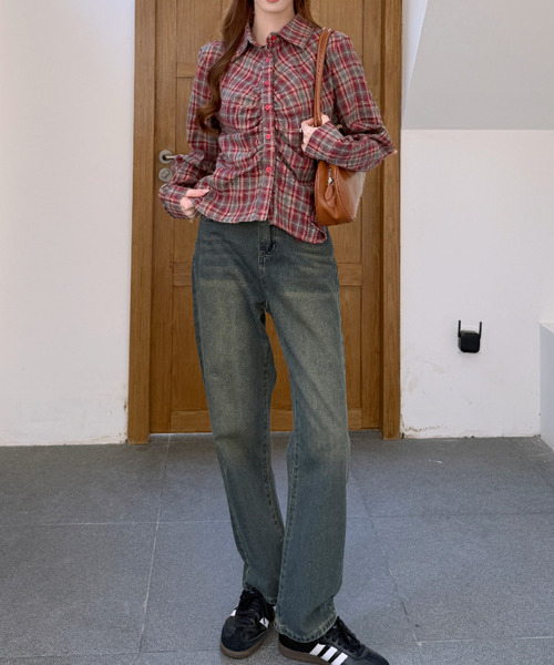 Ada.（エイダ）の「チェック柄 シャーリング ロングスリーブ シャツ（シャツ/ブラウス・レディース・ネイビー/レッド/ブラック・FREE）」の14枚目の写真