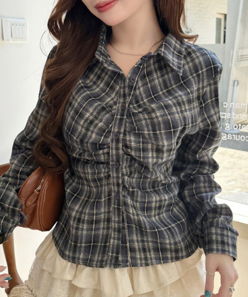Ada.（エイダ）の「チェック柄 シャーリング ロングスリーブ シャツ（シャツ/ブラウス・レディース・ネイビー/レッド/ブラック・FREE）」の21枚目の写真