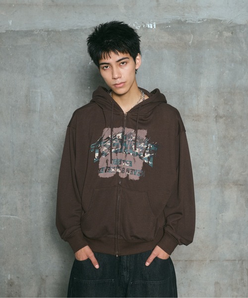 ILL'S(イルズ)の「CRASH LOGO GRAPHIC FULLZIP HOODIE / クラッシュロゴ カモ柄グラフィック フルジップ フーディー ダブルジップ メンズ レディース ユニセックス(パーカー・メンズ・ブラウン/ブラック/チャコールグレー/ライム・L/M)」の1枚目の写真