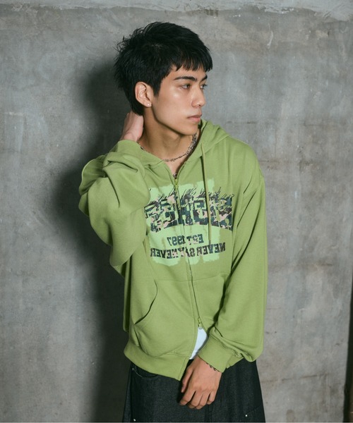 ILL'S(イルズ)の「CRASH LOGO GRAPHIC FULLZIP HOODIE / クラッシュロゴ カモ柄グラフィック フルジップ フーディー ダブルジップ メンズ レディース ユニセックス(パーカー・メンズ・ブラウン/ブラック/チャコールグレー/ライム・L/M)」の4枚目の写真