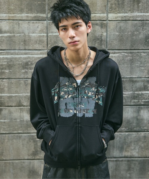 ILL'S(イルズ)の「CRASH LOGO GRAPHIC FULLZIP HOODIE / クラッシュロゴ カモ柄グラフィック フルジップ フーディー ダブルジップ メンズ レディース ユニセックス(パーカー・メンズ・ブラウン/ブラック/チャコールグレー/ライム・L/M)」の2枚目の写真