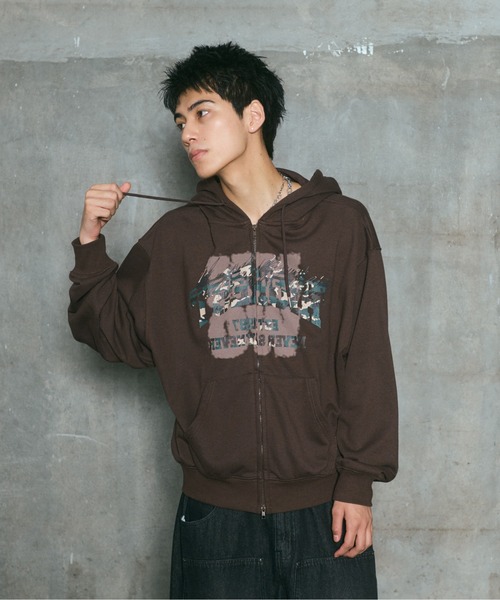 ILL'S(イルズ)の「CRASH LOGO GRAPHIC FULLZIP HOODIE / クラッシュロゴ カモ柄グラフィック フルジップ フーディー ダブルジップ メンズ レディース ユニセックス(パーカー・メンズ・ブラウン/ブラック/チャコールグレー/ライム・L/M)」の10枚目の写真
