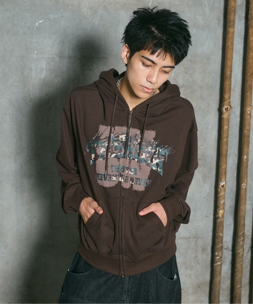 ILL'S(イルズ)の「CRASH LOGO GRAPHIC FULLZIP HOODIE / クラッシュロゴ カモ柄グラフィック フルジップ フーディー ダブルジップ メンズ レディース ユニセックス(パーカー・メンズ・ブラウン/ブラック/チャコールグレー/ライム・L/M)」の9枚目の写真