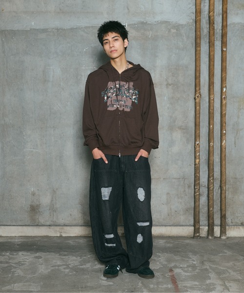 ILL'S(イルズ)の「CRASH LOGO GRAPHIC FULLZIP HOODIE / クラッシュロゴ カモ柄グラフィック フルジップ フーディー ダブルジップ メンズ レディース ユニセックス(パーカー・メンズ・ブラウン/ブラック/チャコールグレー/ライム・L/M)」の16枚目の写真